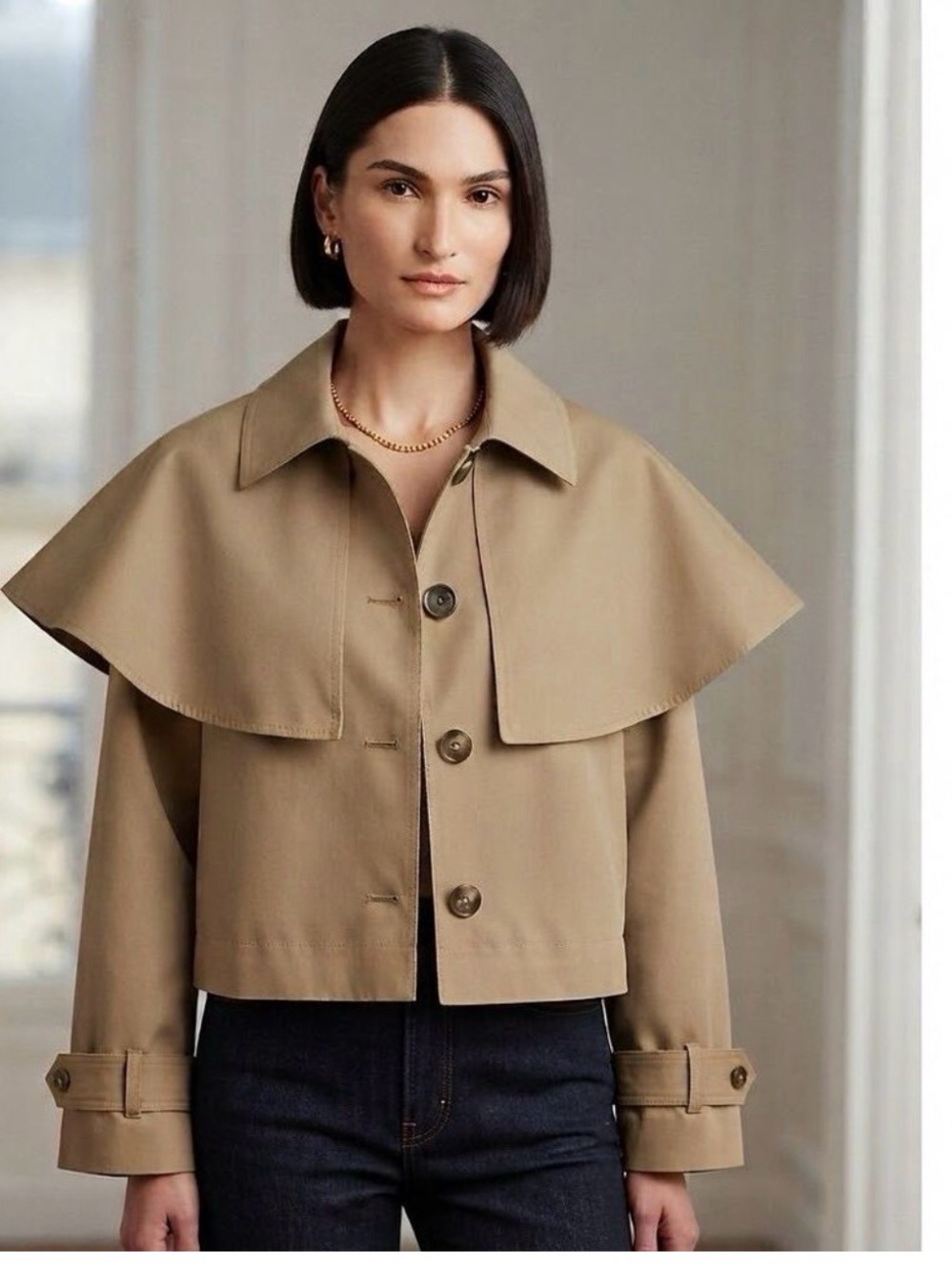 Caroline Constas Cropped Cape Jacket in Khaki Detachable Cape Trench Luxe Chic M